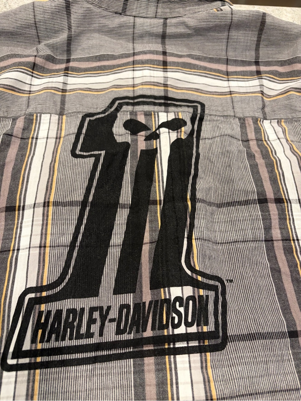 Harley-Davidson Gray, Black & Cream Plaid Shirt with Large Back '1' Logo—XXL - Picture 6 of 6